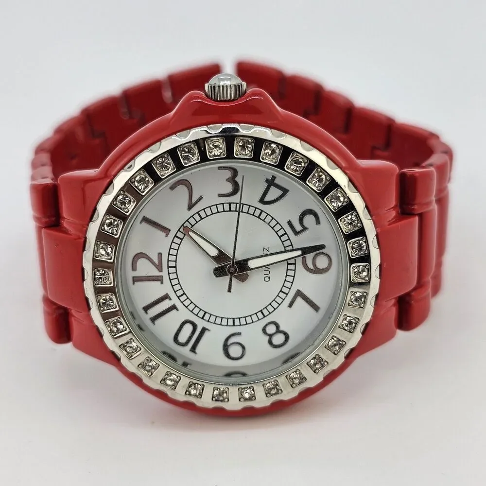 40MM Women's Watch White Dial Gemmed Bezel Red Metal Bands 7.5